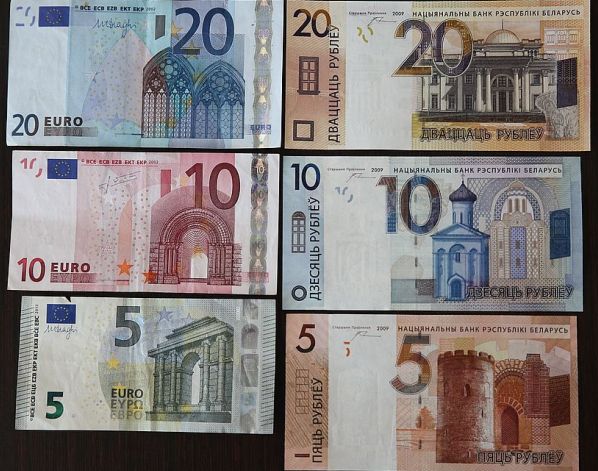 Nowe białoruskie ruble. Porównanie do euro. Zdjęcie pochodzi stąd.